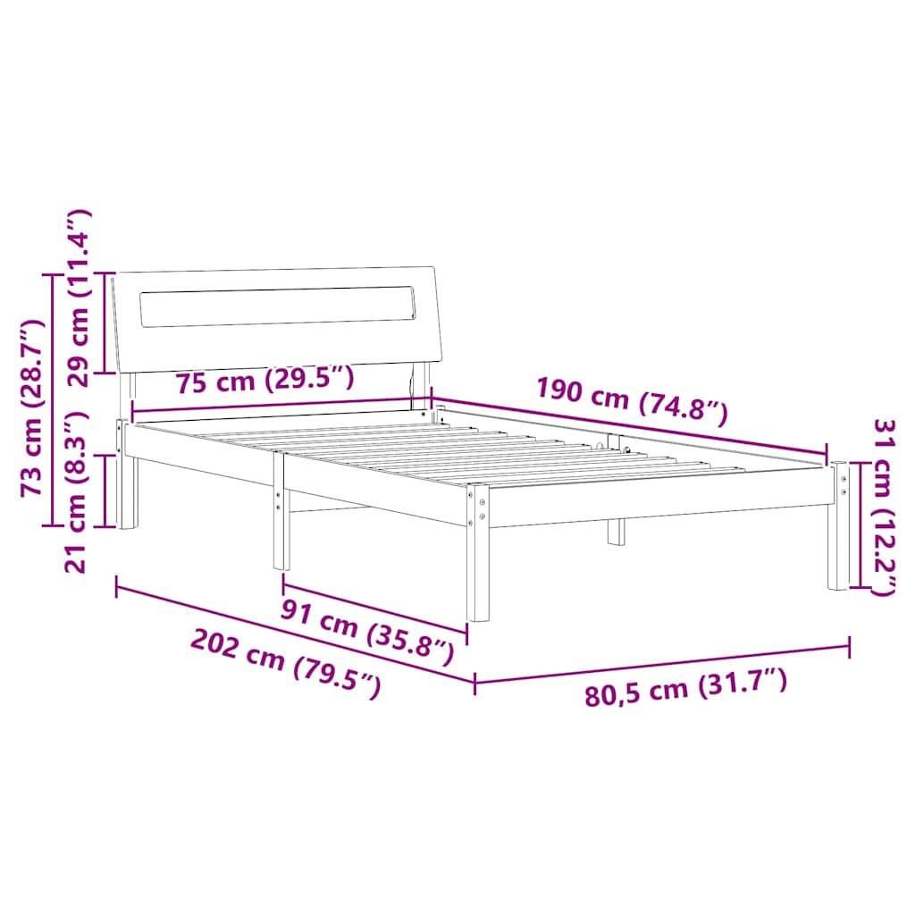 Bed Frame with Headboard Brown 75 x 190 cm Solid Pine Wood