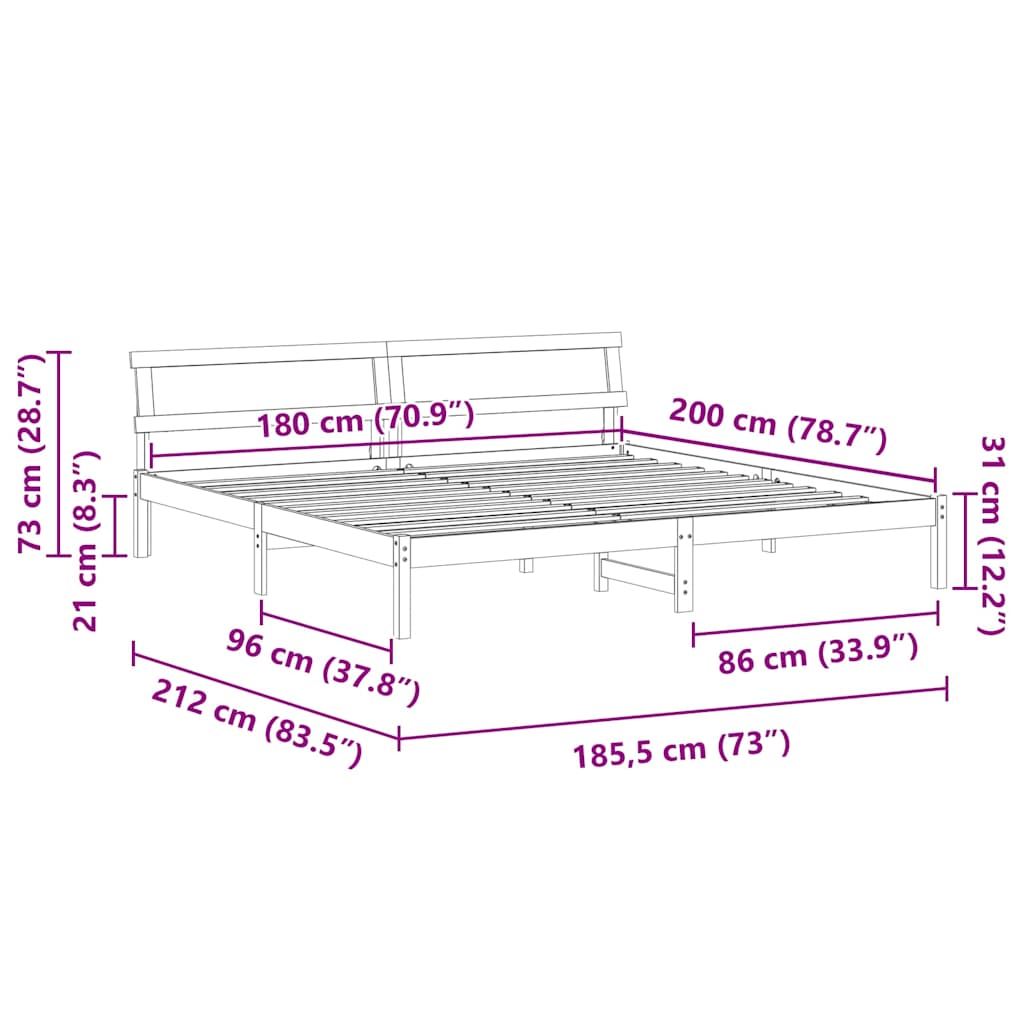 Bed Frame with Headboard White 180 x 200 cm Solid Pine Wood
