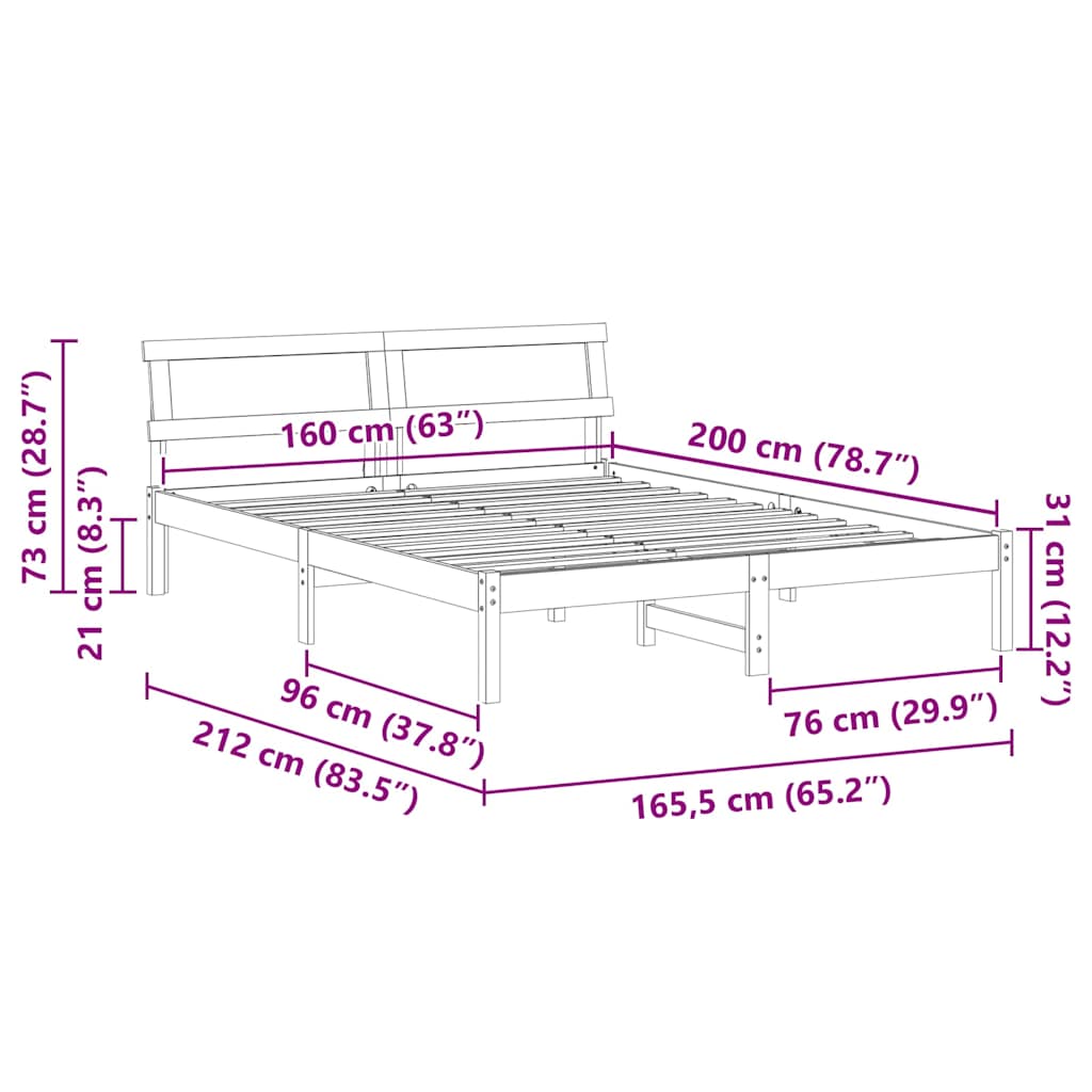 Bed Frame with Headboard Brown 160 x 200 cm Solid Pine Wood