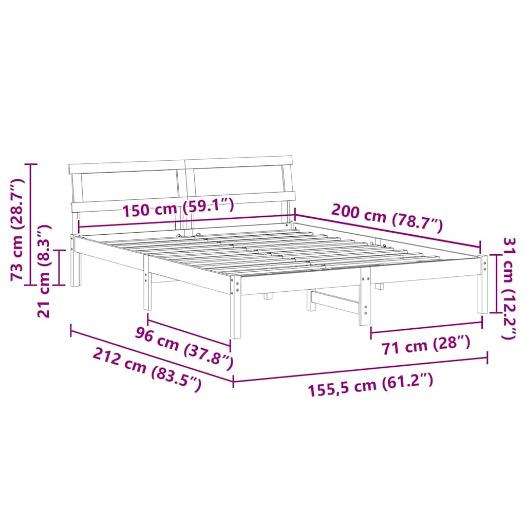 Bed Frame with Headboard Wax Brown 150 x 200 cm Solid Pine Wood