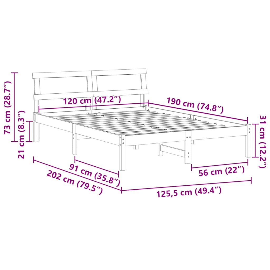 Bed Frame with Headboard Wax Brown 120 x 190 cm Solid Pine Wood