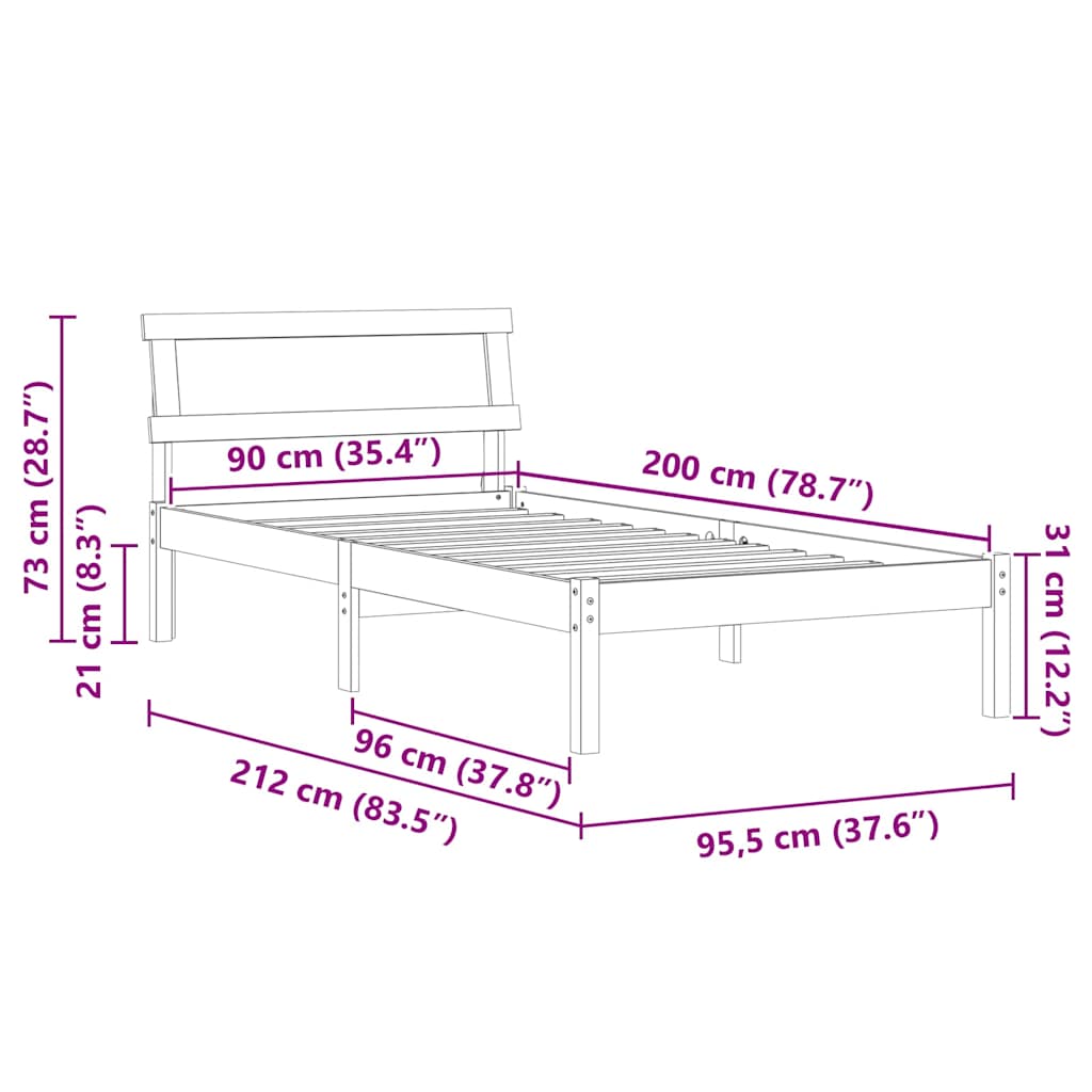 Bed Frame with Headboard Brown 90 x 200 cm Solid Pine Wood