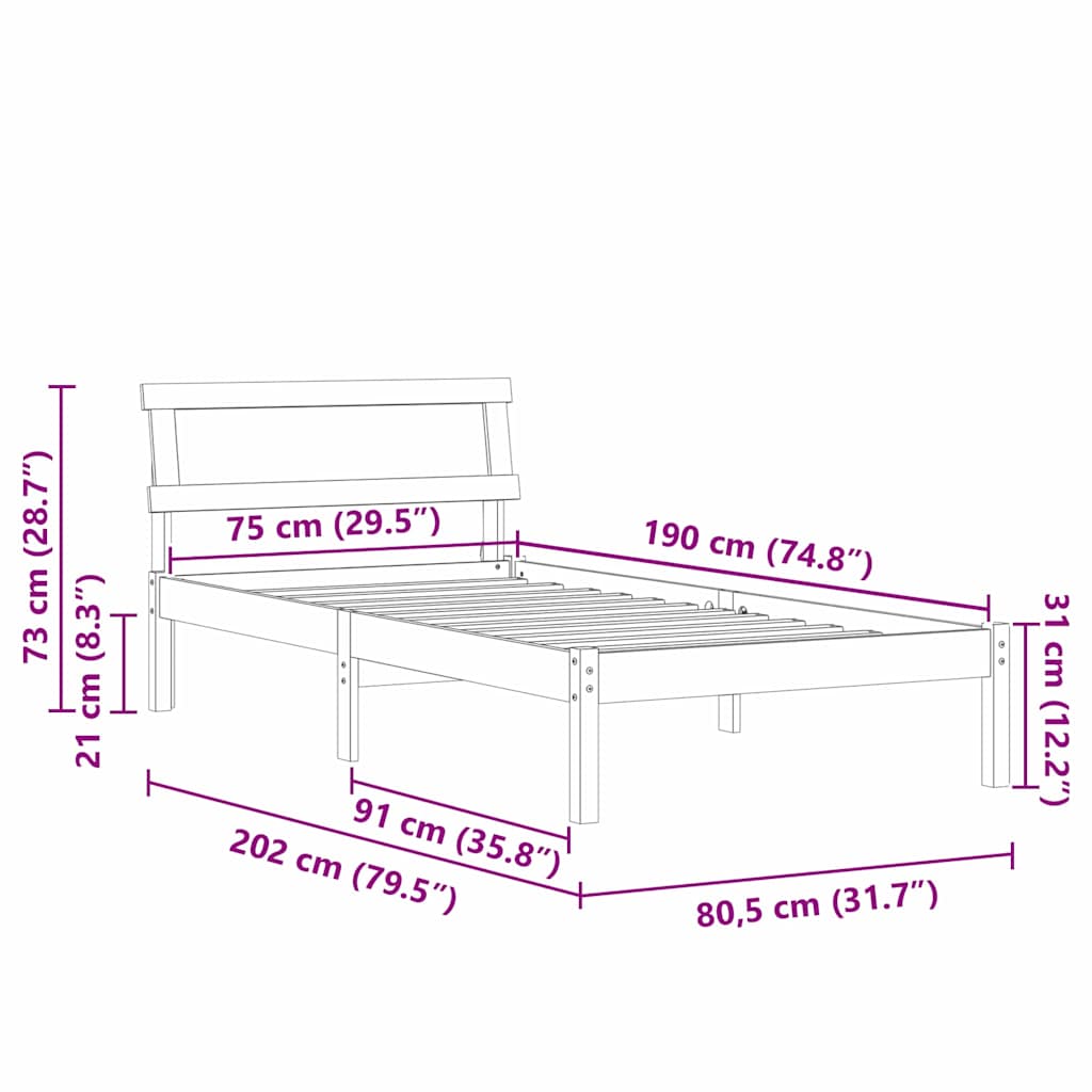 Bed Frame with Headboard Wax Brown 75 x 190 cm Solid Pine Wood