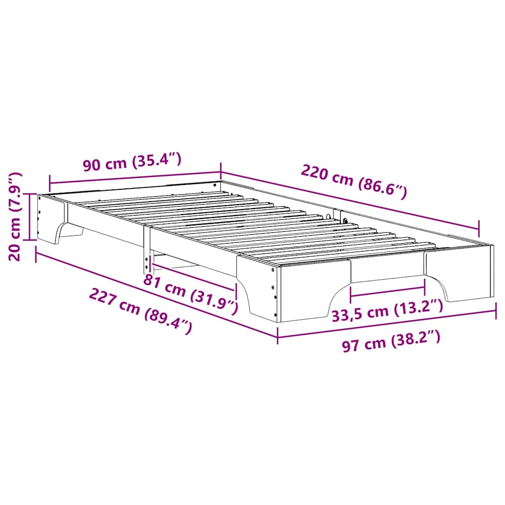 Bed Frame White 90 x 220 cm Solid Pine Wood