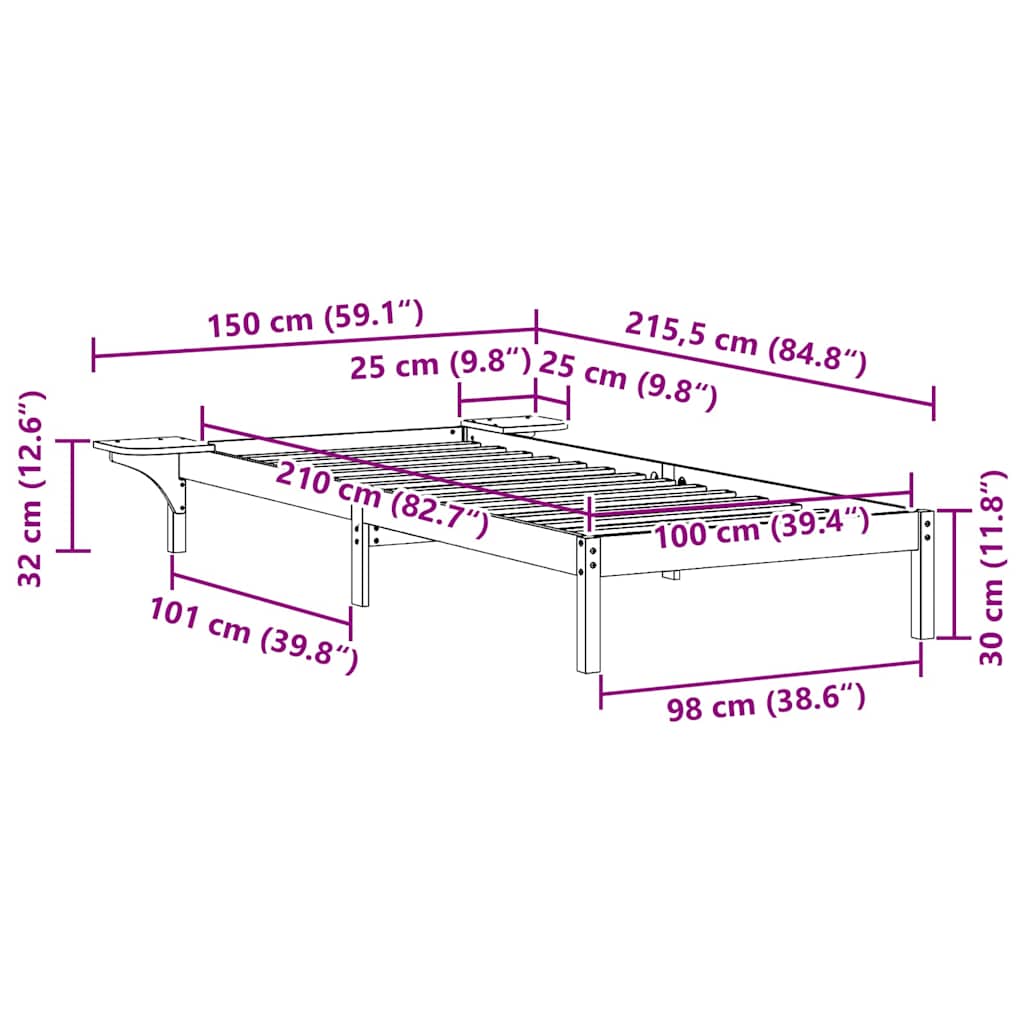 Bed Frame with Side Tables White 100 x 210 cm Solid Pine Wood