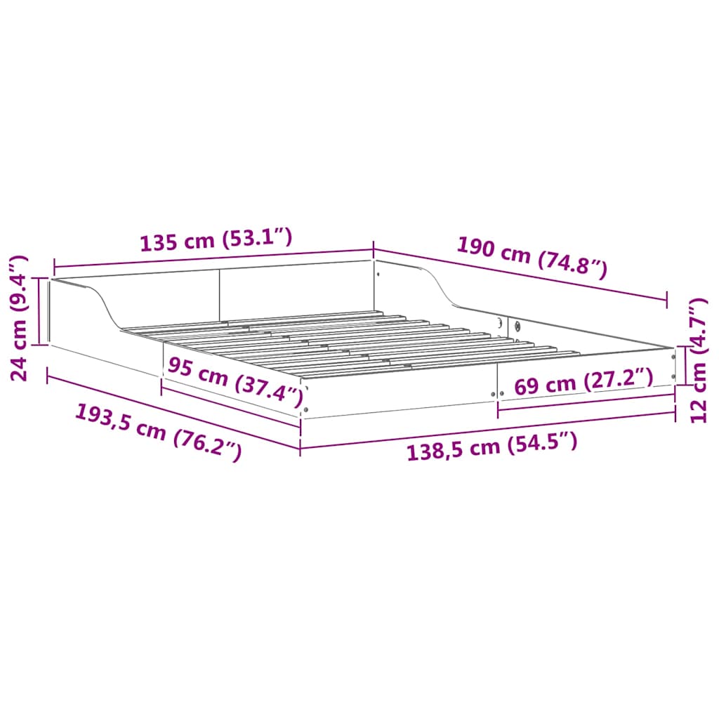 Bed Frame Wax Brown 135 x 190 cm Solid Pine Wood