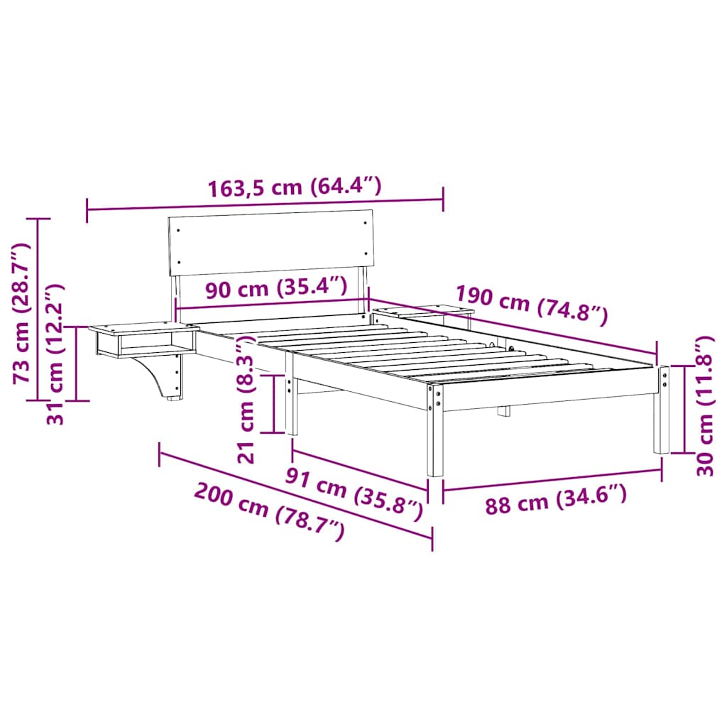 Bed Frame with Headboard White 90 x 190 cm Solid Pine Wood