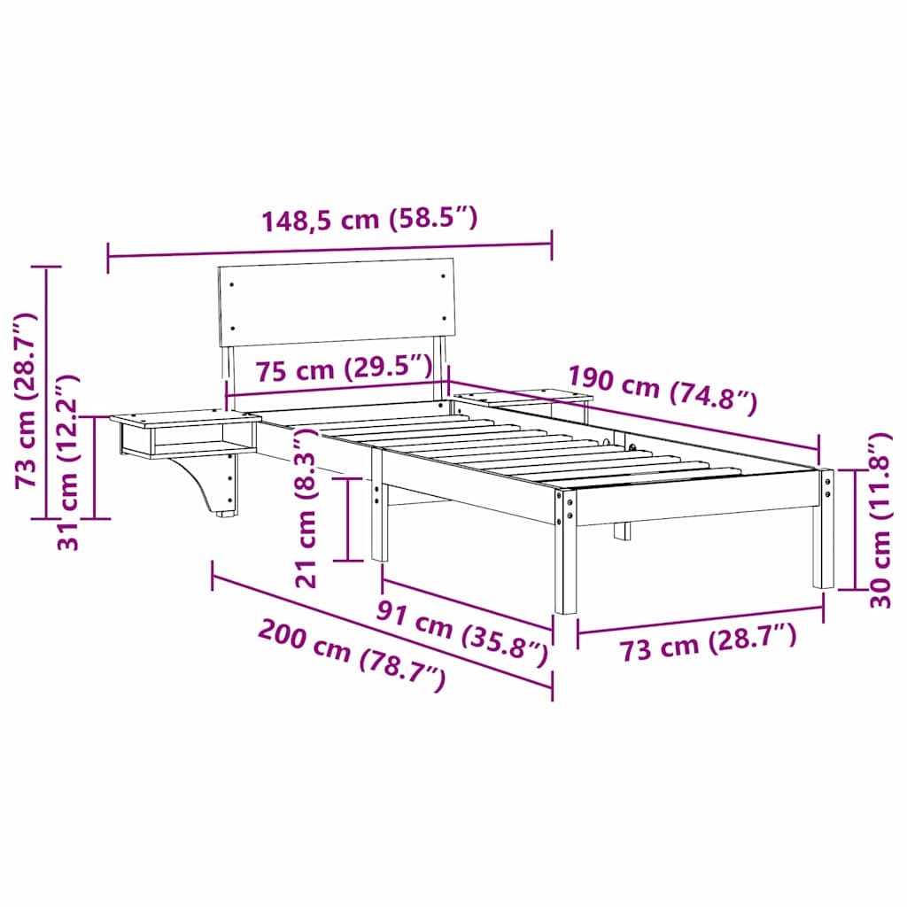 Bed Frame with Headboard Brown 75 x 190 cm Solid Pine Wood