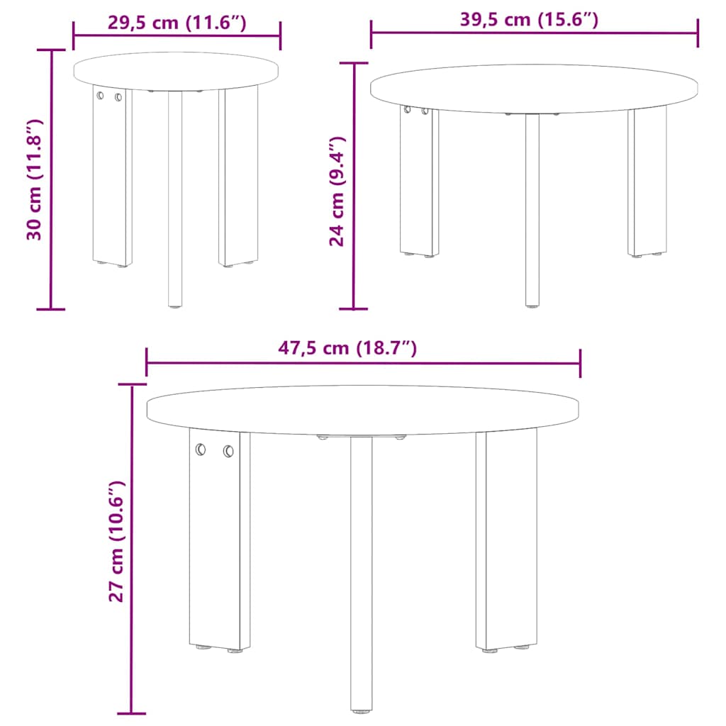 Coffee Table 3 pcs White 47.5 x 47.5 x 27 cm Solid pine wood