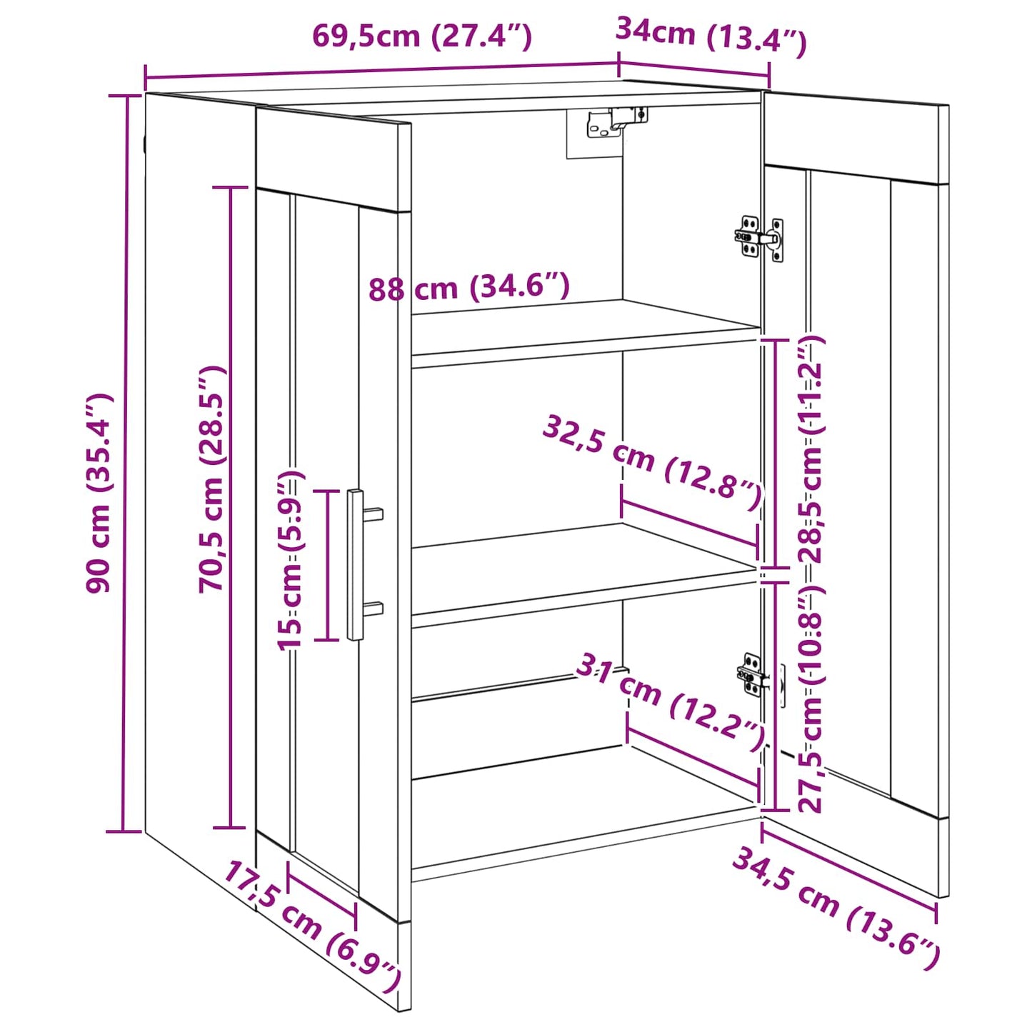 Wall Mounted Cabinet Black oak 69.5 x 34 x 90 cm