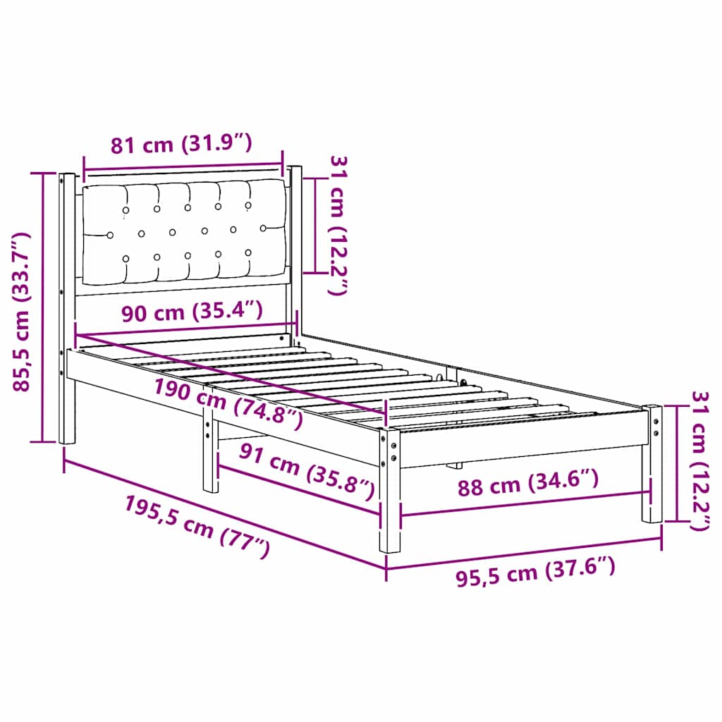Bed Frame with Headboard Taupe 90 x 190 cm Solid Pine Wood