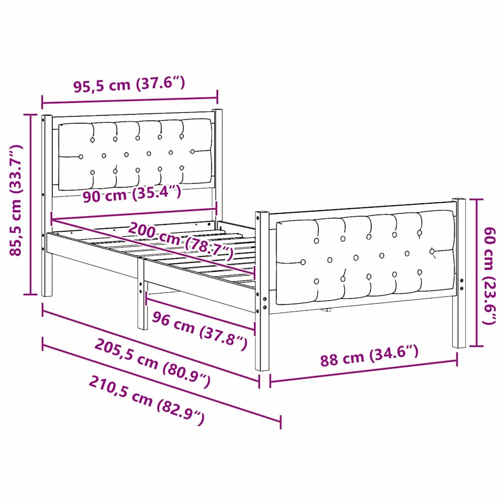 Bed Frame with Headboard Taupe 90 x 200 cm Solid Pine Wood