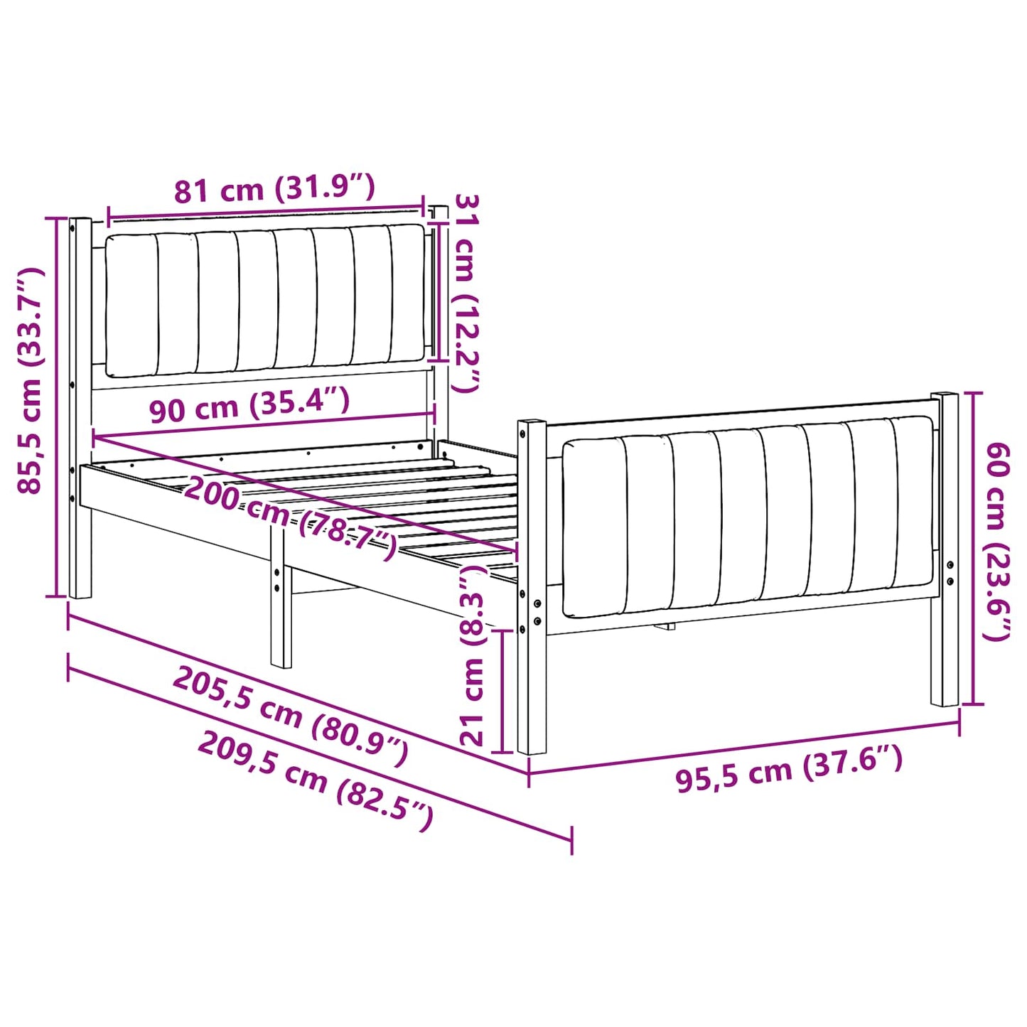 Bed frame Brown and dark grey 90 x 200 cm Solid pine wood
