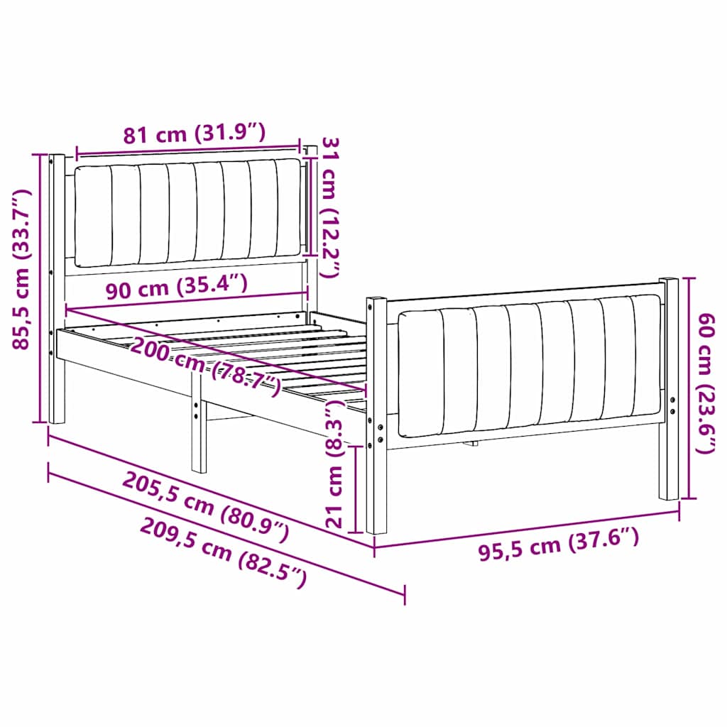 Bed frame Brown and taupe 90 x 200 cm Solid pine wood