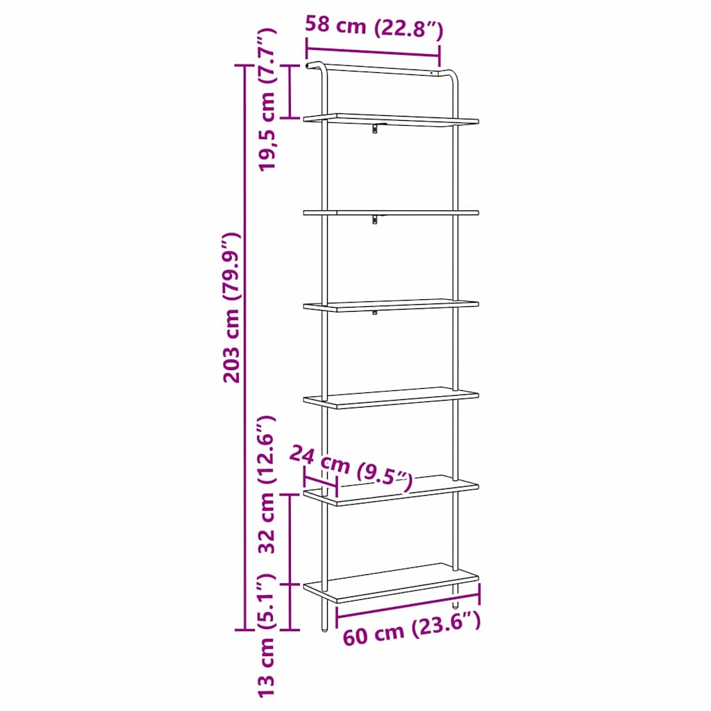 Bookshelf 6-Tier 60 x 24 x 203 cm Engineered wood Smoked Oak