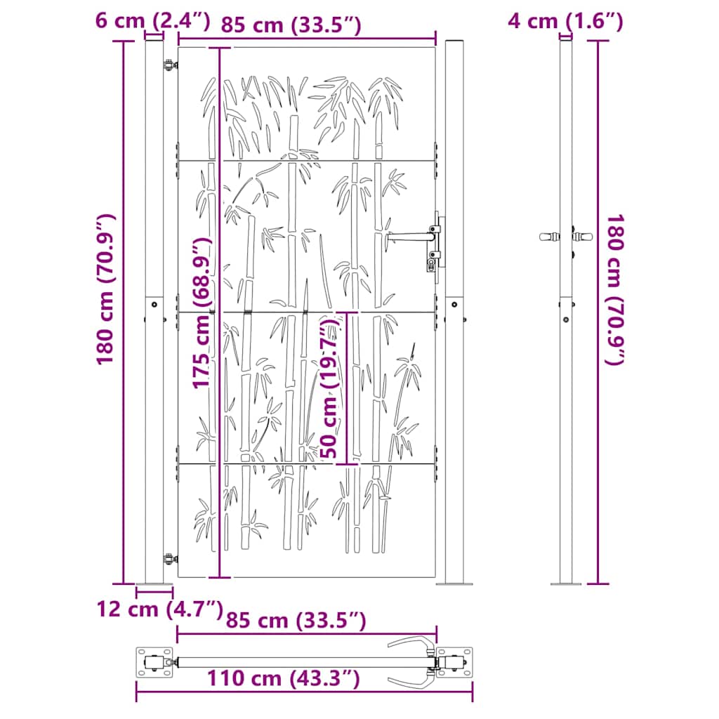 Garden Gate with Lock Black 110 x 180 cm Powder-Coated Steel