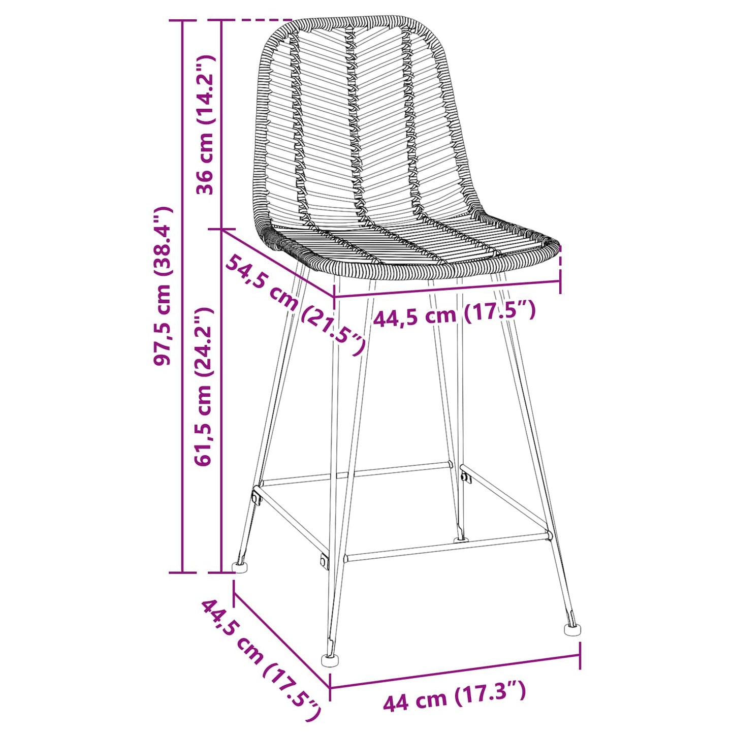 Bar Chair 2 pcs Natural 44.5 x 54.5 x 97.5 cm Rattan and Iron