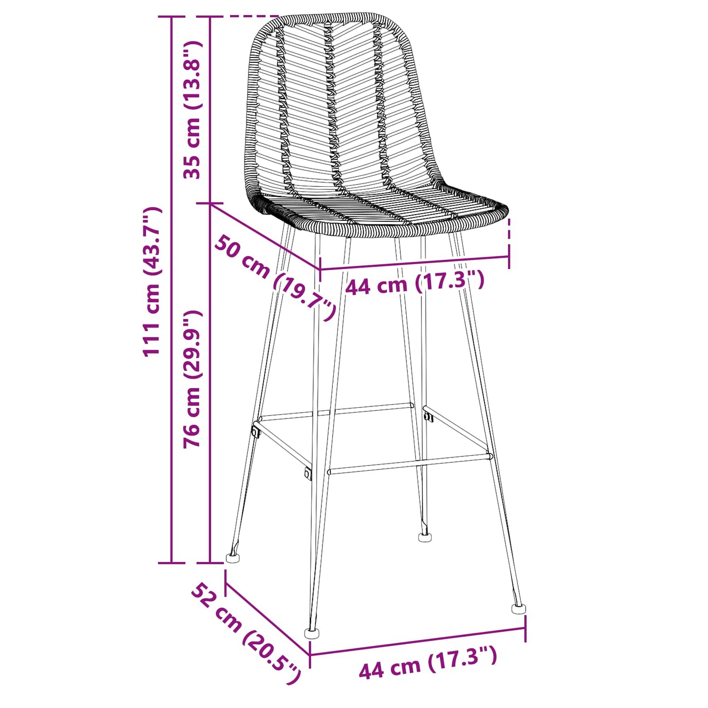 Bar Chair 2 pcs Black 44 x 52 x 111 cm Rattan and Iron