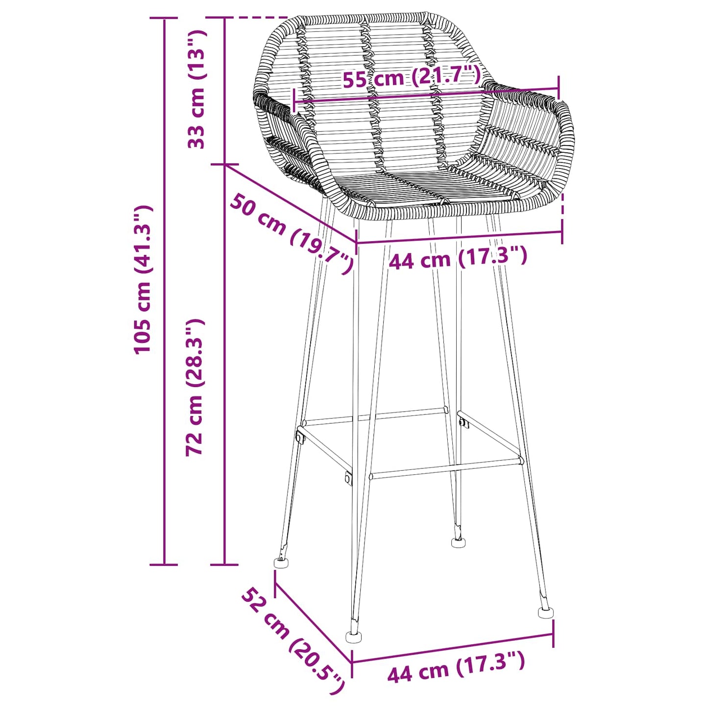 Bar Chair 2 pcs 55 x 52 x 105 cm Rattan and Iron