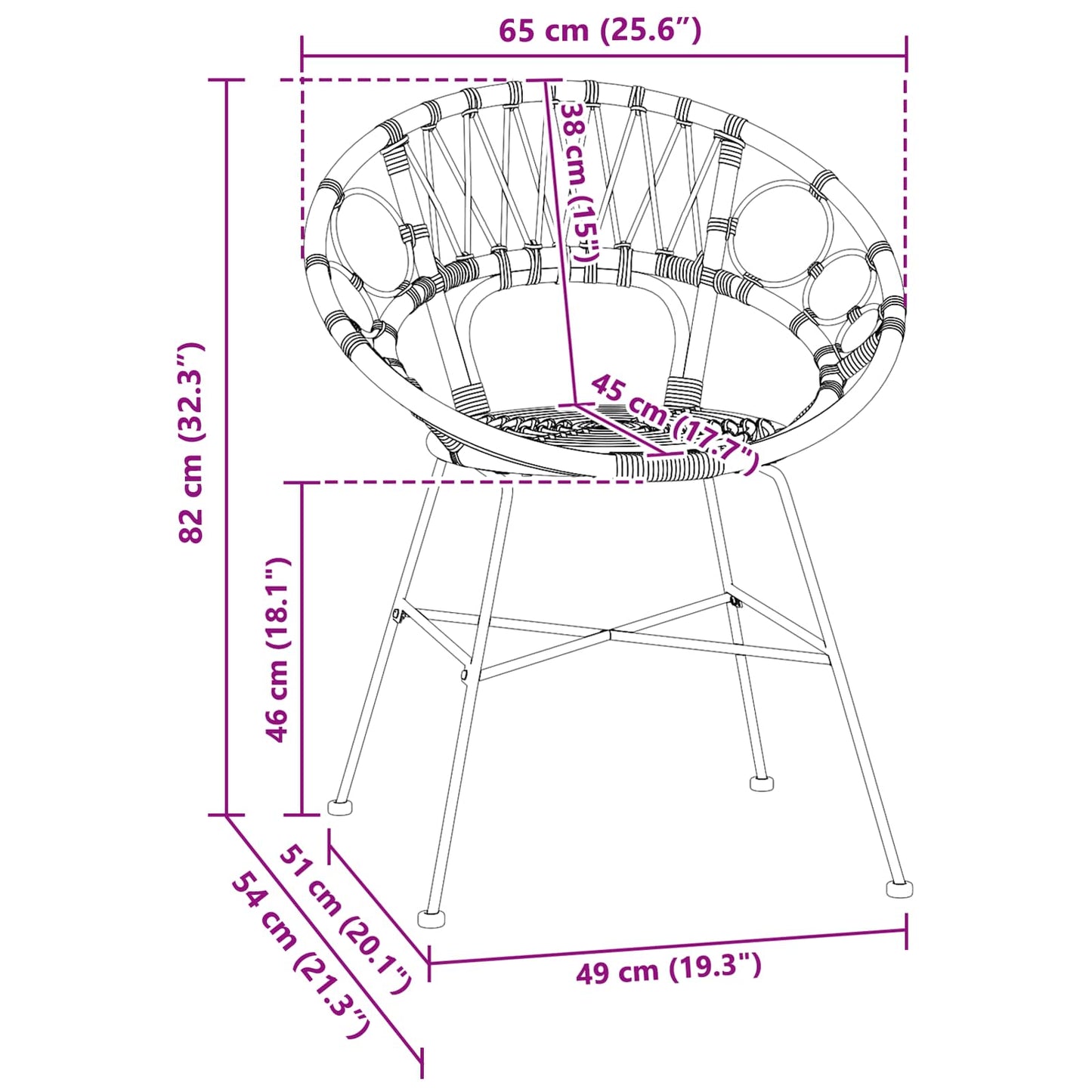 Dining Chair 2 pcs Rattan and Iron Natural 54 x 65 x 82 cm