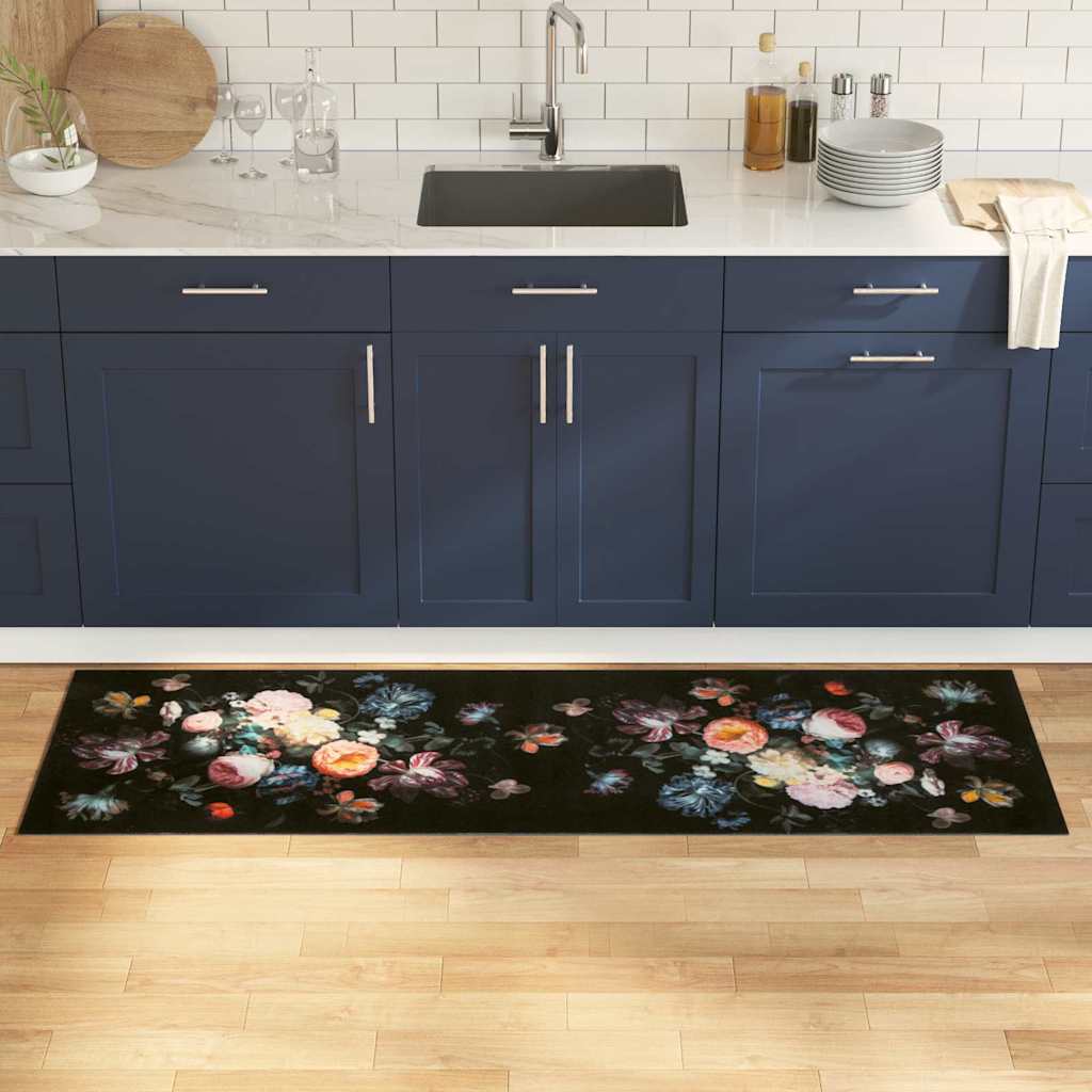 Kitchen Rug Floral Black 180 x 60 cm Velvet