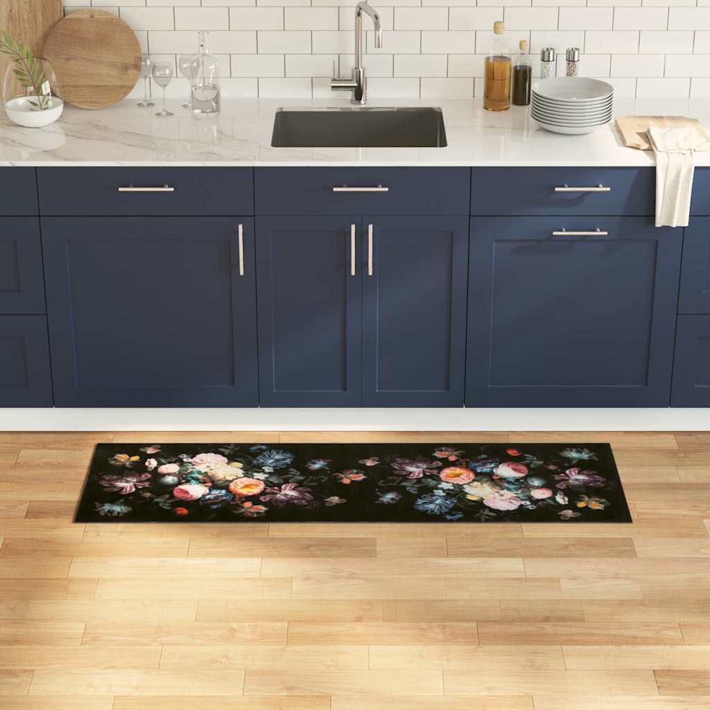Kitchen Rug Floral Black 150 x 45 cm Velvet