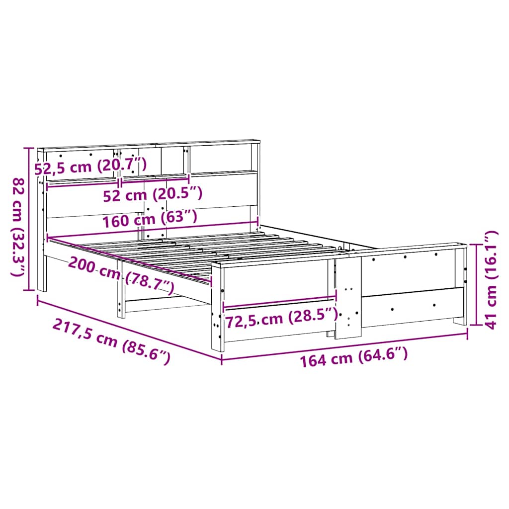 Bed Frame with Shelf Wax Brown 160 x 200 cm Solid Pine Wood