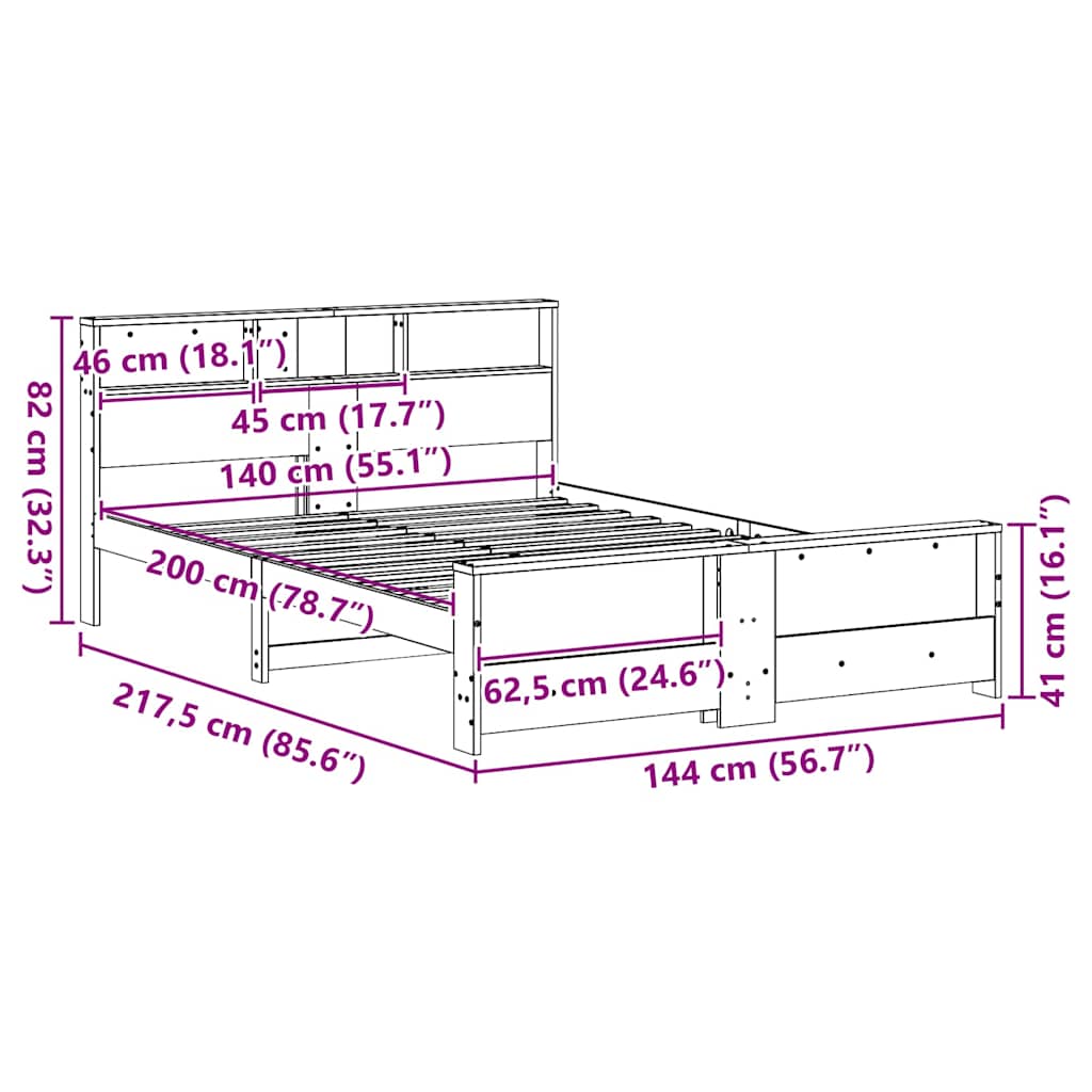 Bed Frame with Shelf Wax Brown 140 x 200 cm Solid Pine Wood