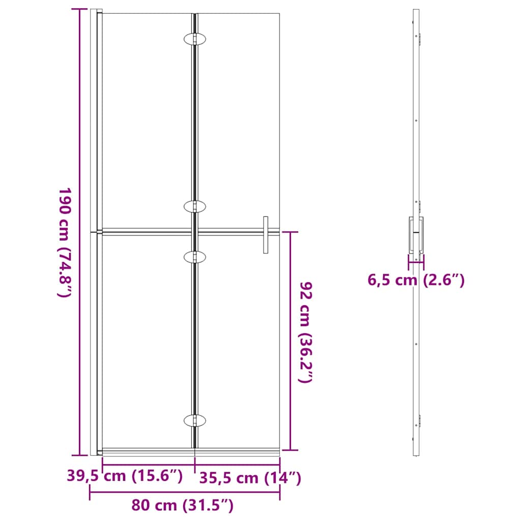 Walk-In Shower Wall Folding Black 80 x 6.5 x 190 cm