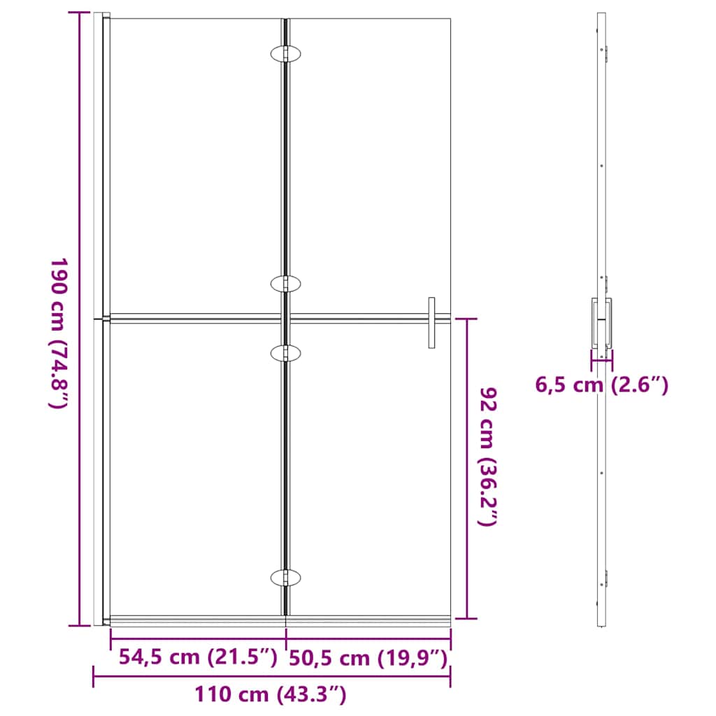 Walk-In Shower Wall Folding Black 110 x 6.5 x 190 cm