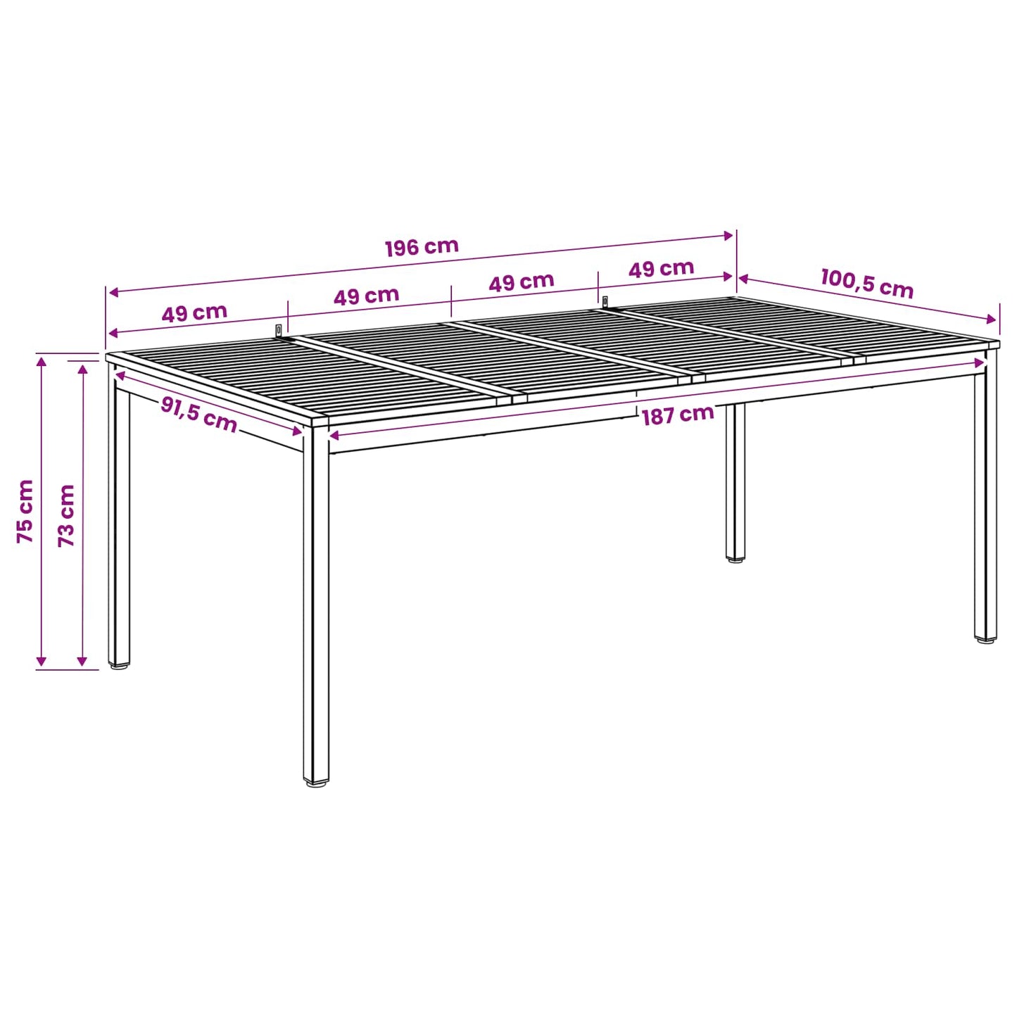 Garden Dinner Table Natural and Black 196 x 100.5 x 75 cm