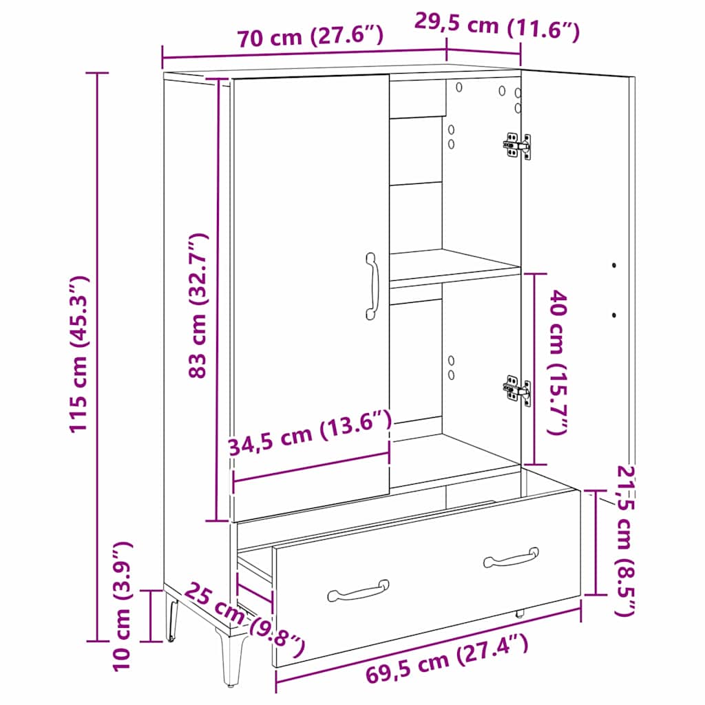 Highboard Black Oak 70 x 31 x 115 cm Engineered Wood and Iron