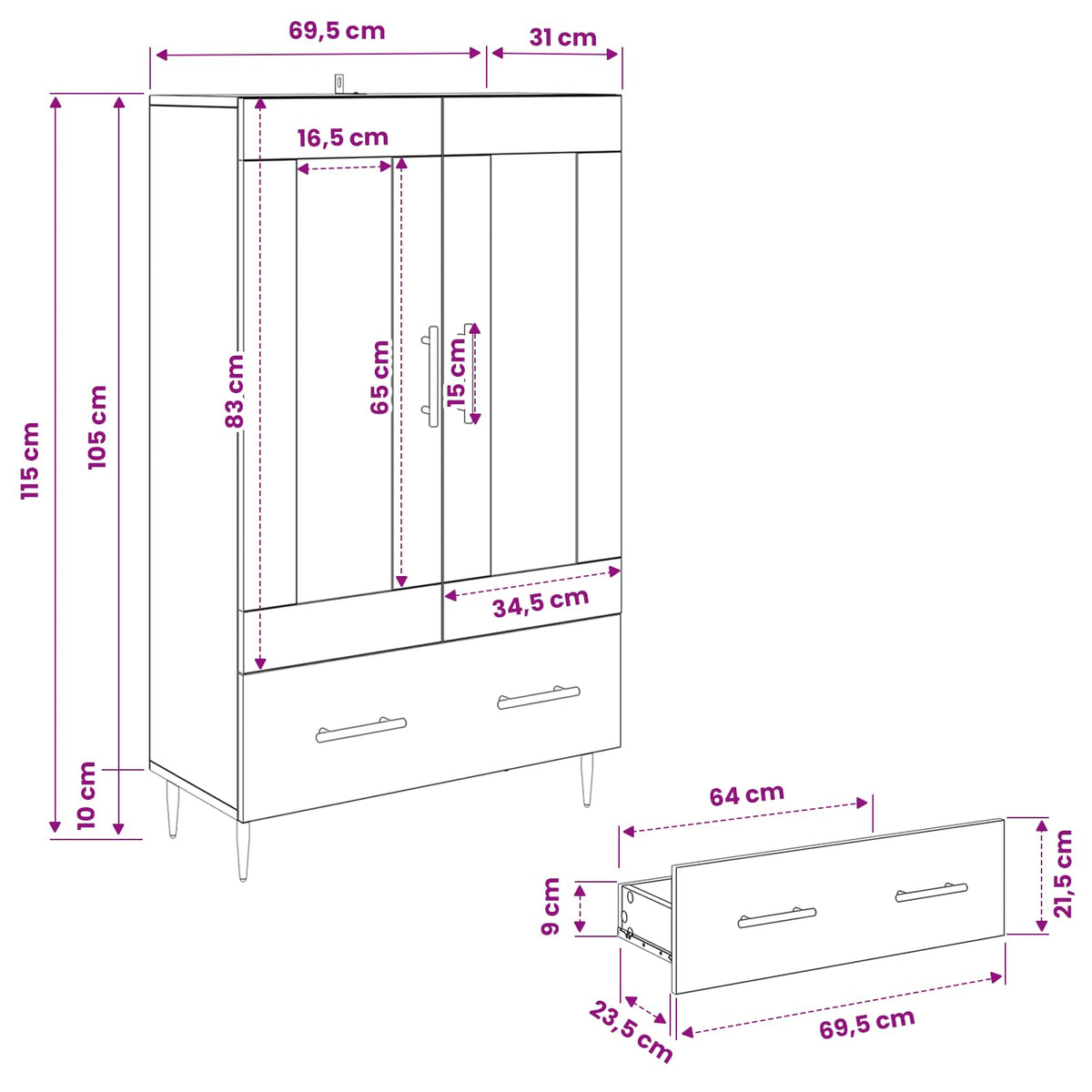Highboard with Drawer Black Oak 69.5 x 31 x 115 cm