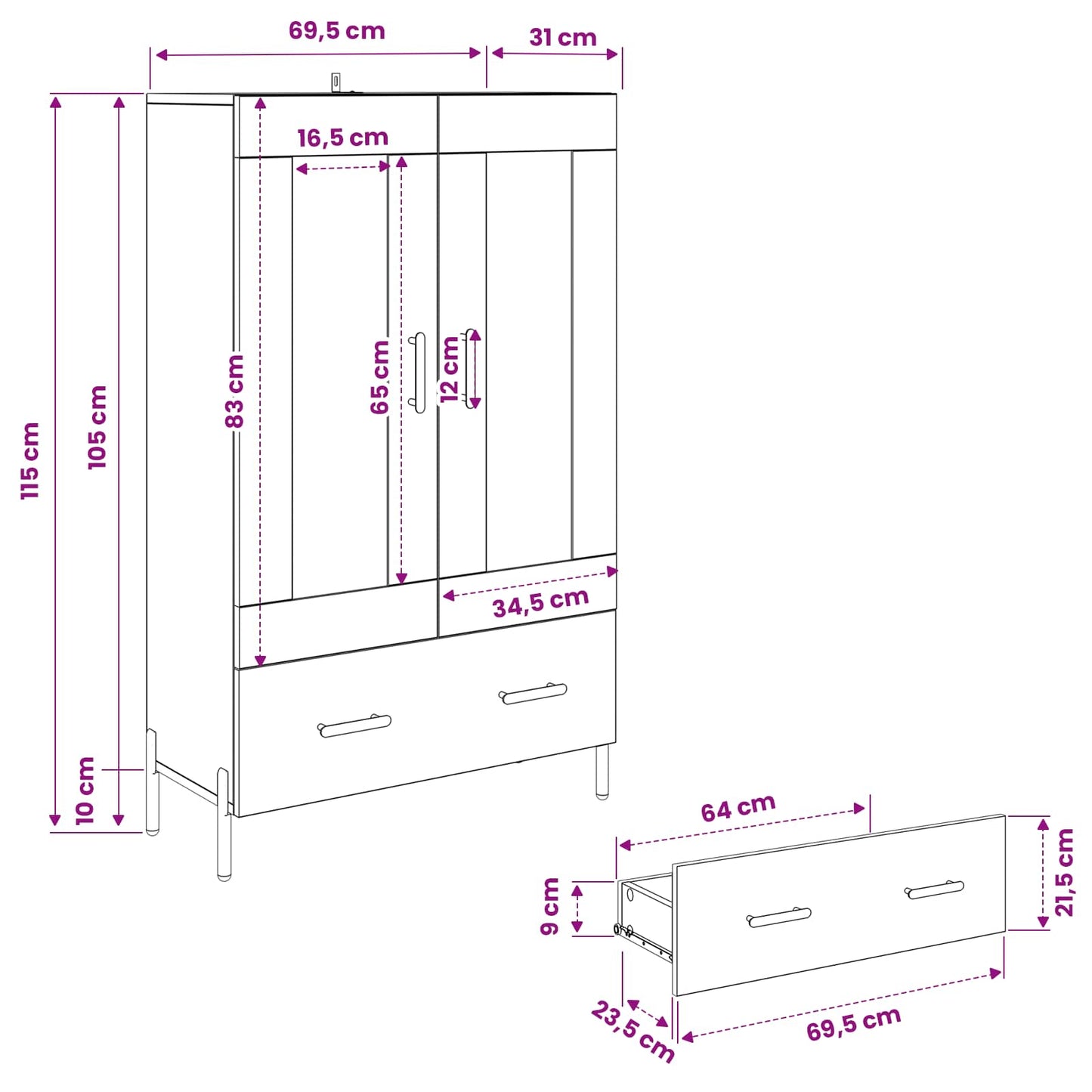 Highboard CORONA Black Oak 69.5 x 31 x 115 cm Engineered Wood