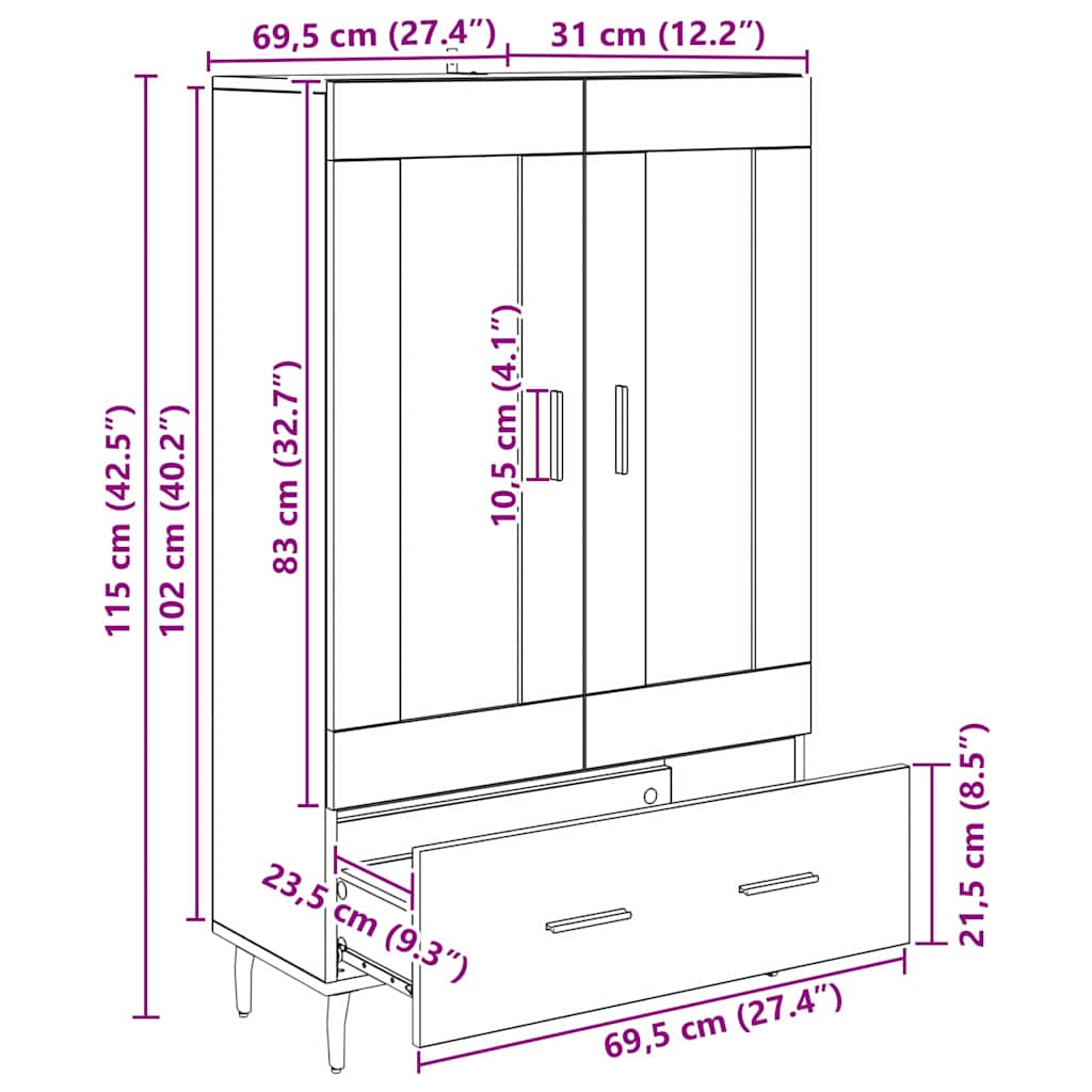 Highboard Black Oak 69.5 x 31 x 115 cm Engineered Wood