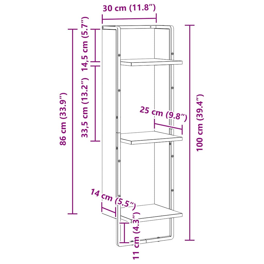 Wall Shelf Wall-Mounted Old Wood 30 x 25 x 100 cm