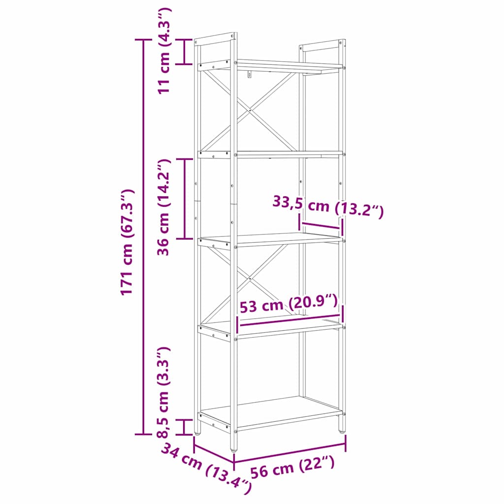Bookshelf 5-Tier 56 x 34 x 171 cm Engineered Wood Old Wood