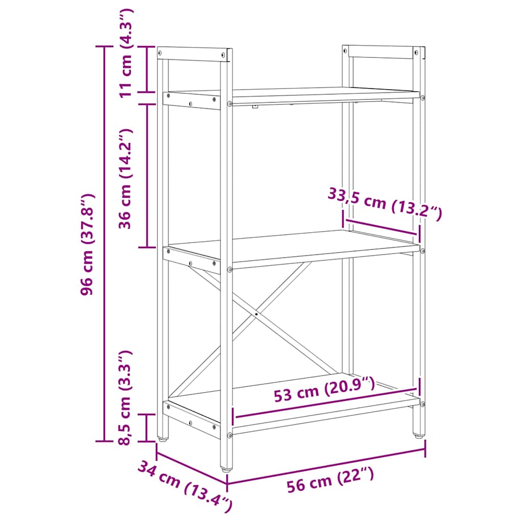 Bookshelf 3-Tier 56 x 34 x 96 cm Engineered Wood Smoked Oak
