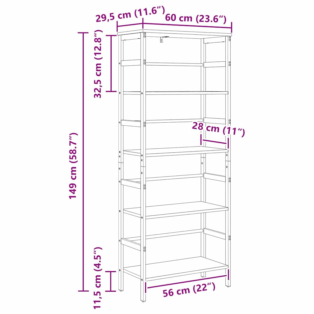Bookshelf 4-Tier 60 x 29.5 x 149 cm Engineered Wood Grey Sonoma