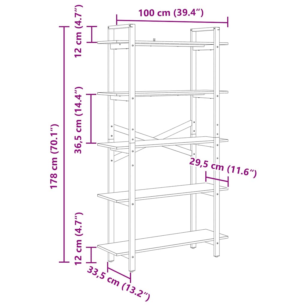Bookshelf 5-Tier 100 x 33.5 x 178 cm Engineered Wood Old Wood