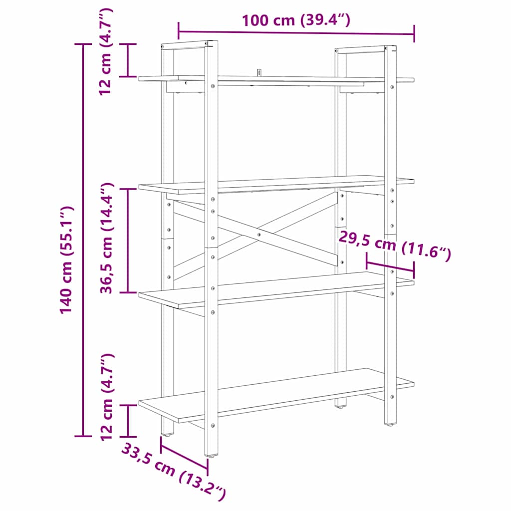 Bookshelf 4-Tier 100 x 33.5 x 140 cm Engineered Wood Sonoma Oak