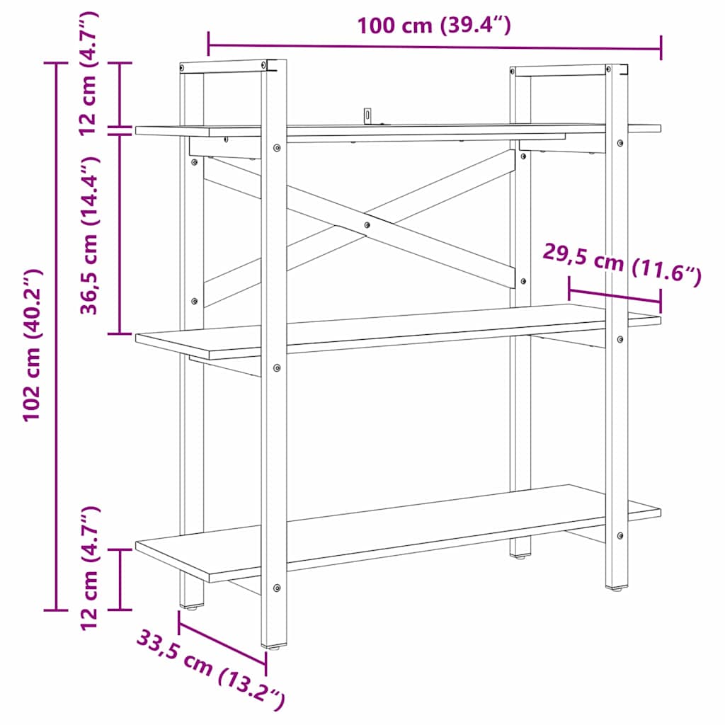Bookshelf 3-Tier 100 x 33.5 x 102 cm Engineered Wood Black Oak
