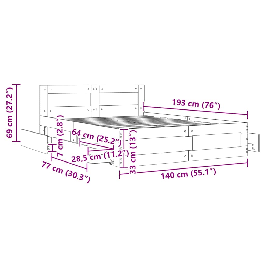 Bed Frame with Drawer Sonoma 137 x 188 cm Engineered Wood