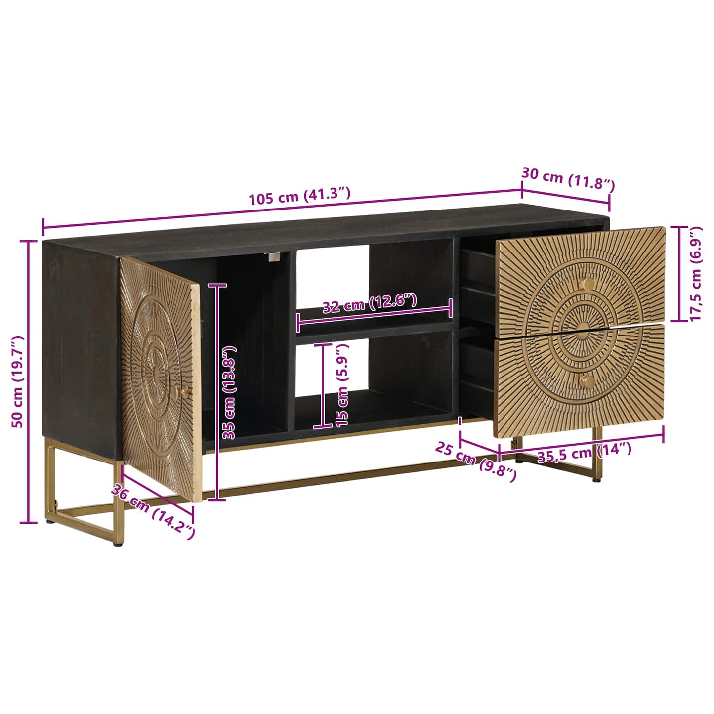 TV Cabinet with Drawer with Shelf Brass 105 x 30 x 50 cm