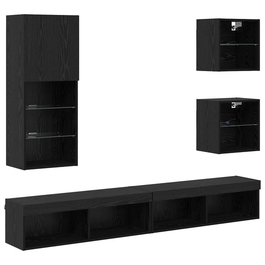 TV Wall Units with LED 5 pcs Black Oak 100 x 30 x 30 cm