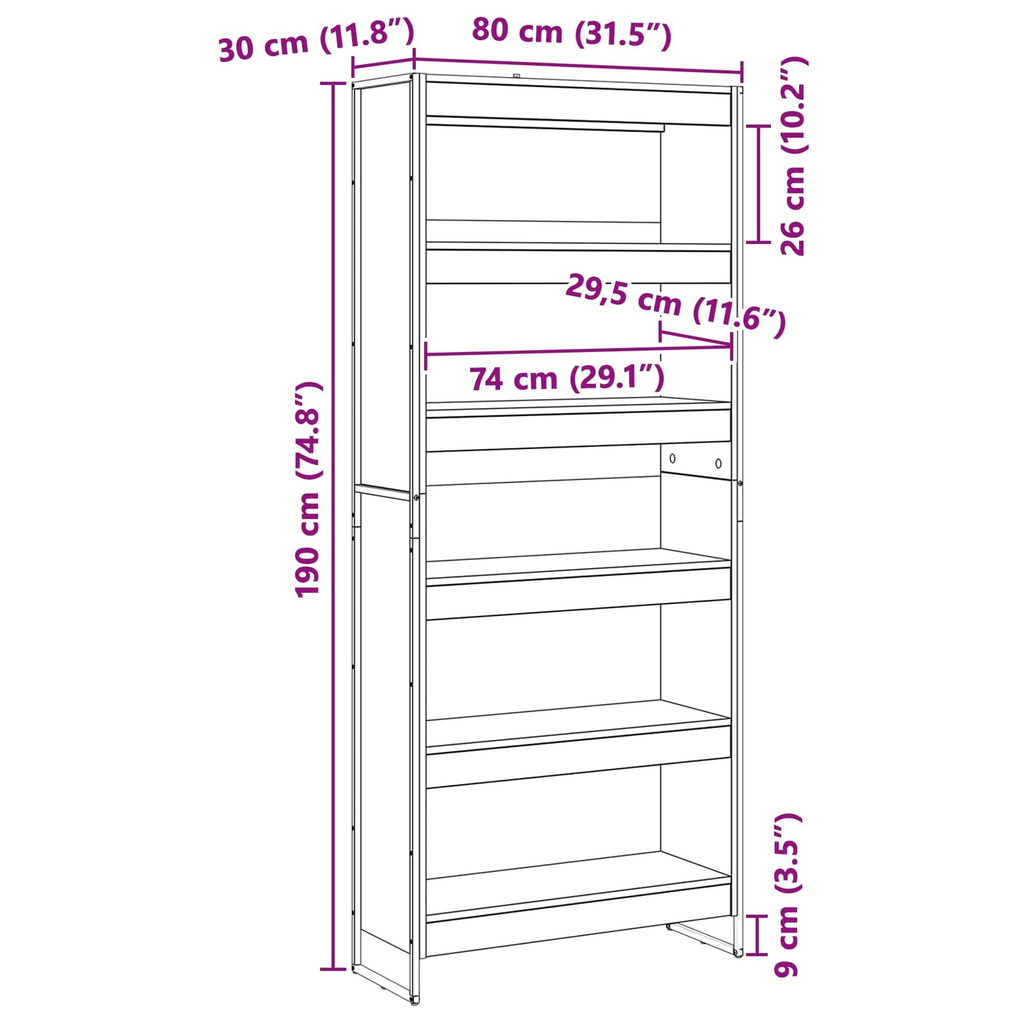 Book Cabinet 80 x 30 x 189.5 cm Engineered Wood Black Oak