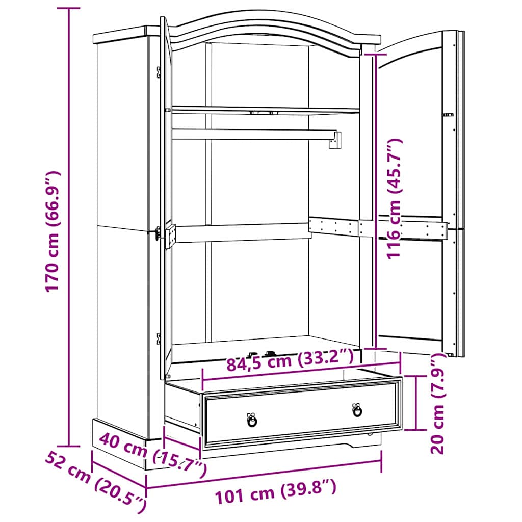 Wardrobe CORONA White 101 x 52 x 170 cm Solid Pine Wood
