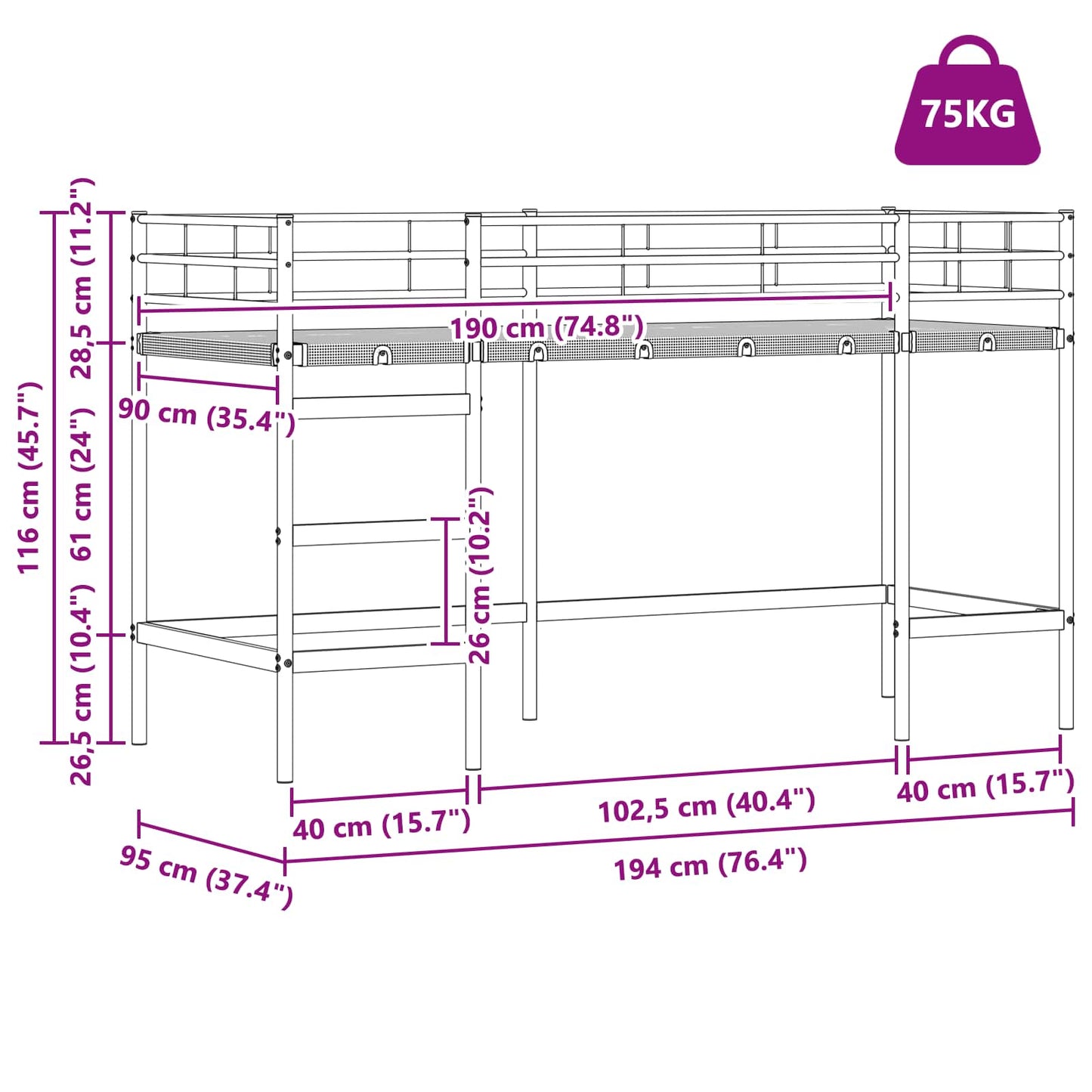 Kids'Loft Bed Frame Black 90 x 190 cm Steel