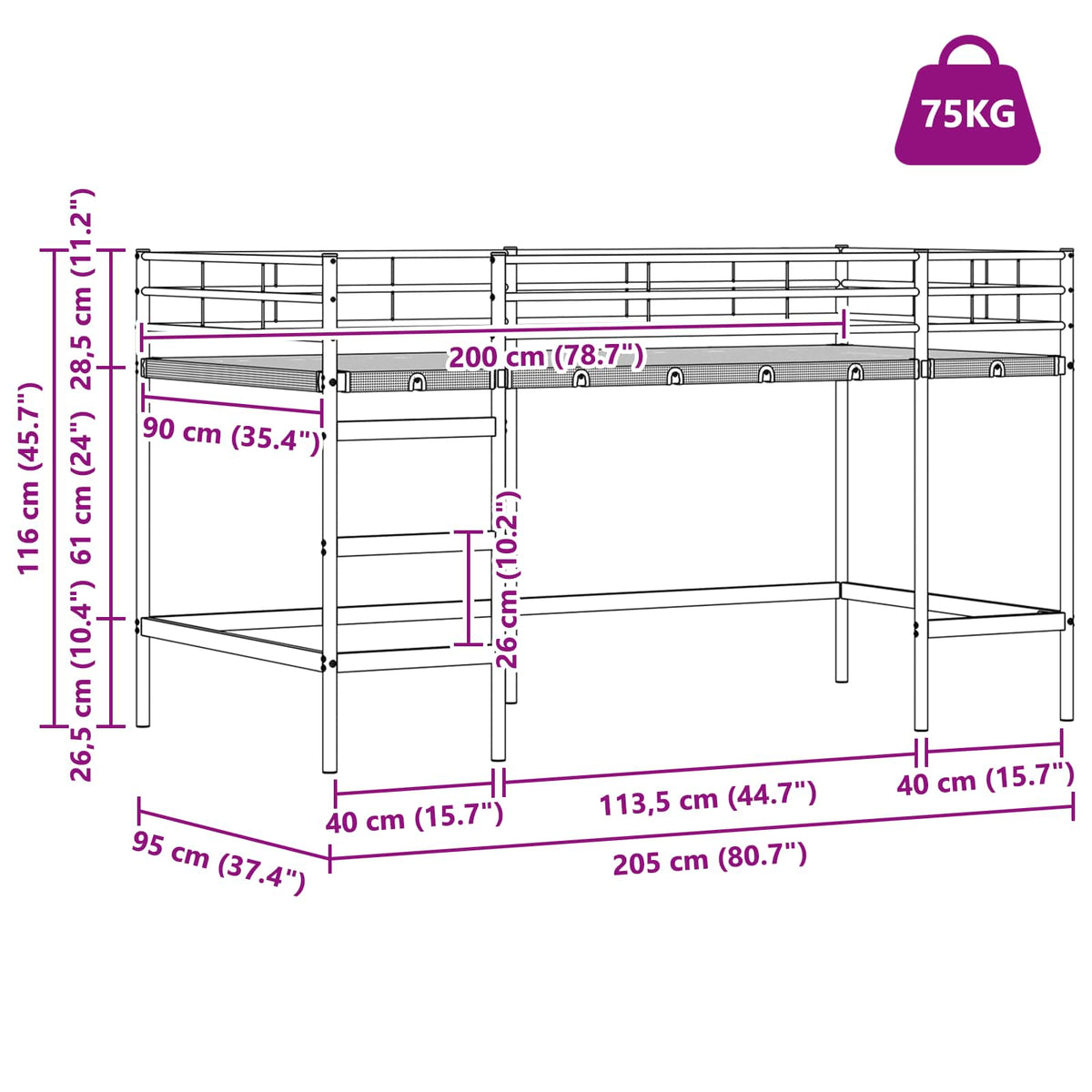 Kids'Loft Bed Frame Plain White 90 x 200 cm Steel