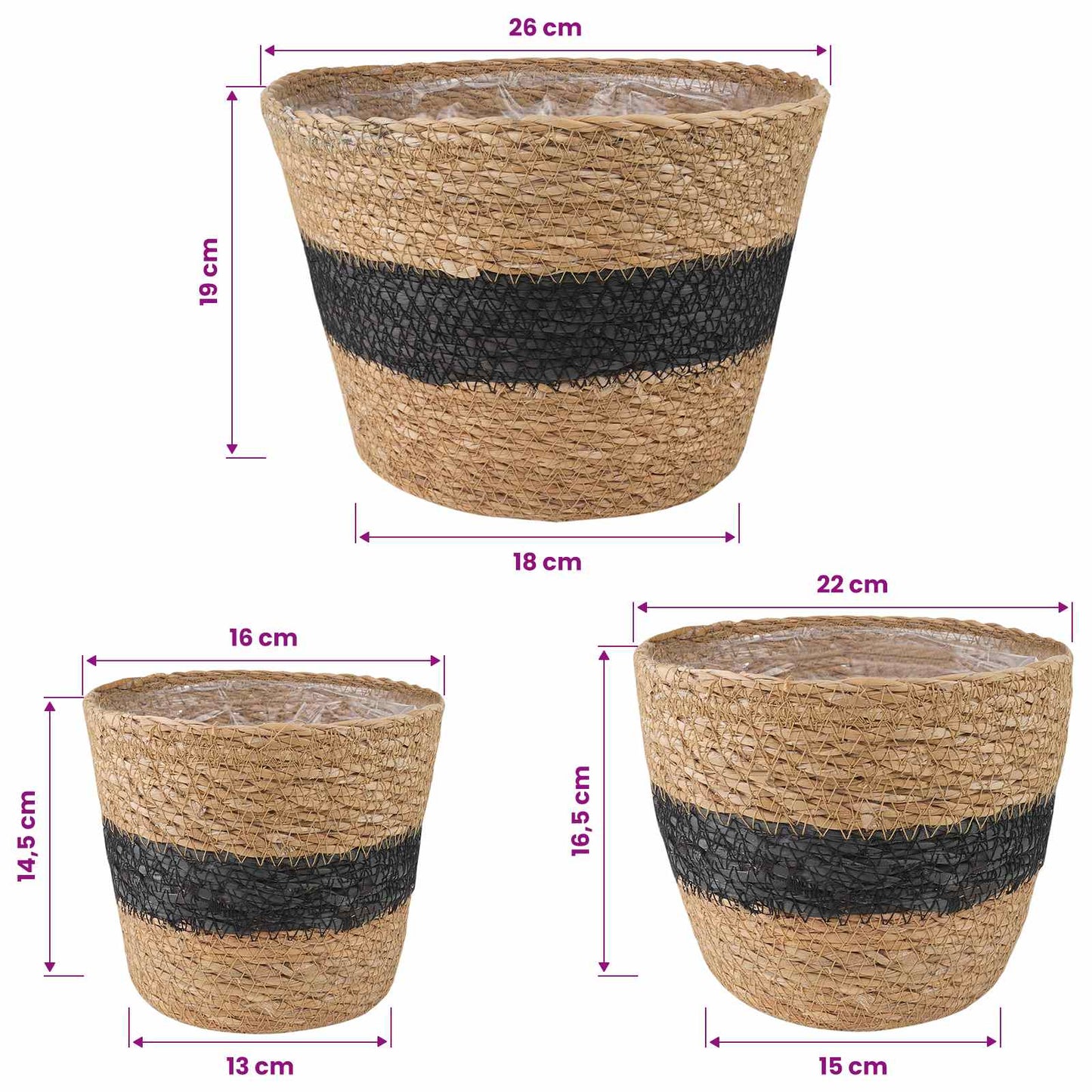 3 pcs Natural and Black Ø26 x 19 cm 100% Seagrass